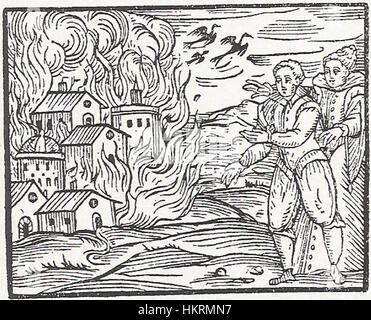 Un'incisione del "Compendium Maleficarum" (1608), raffigurante le vedute medievali sulla stregoneria, evidenziando la prospettiva storica sulle prove e le credenze soprannaturali. Foto Stock