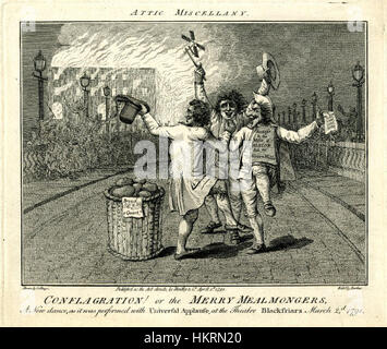 Questo dipinto ad olio intitolato "conflagration! O The Merry Mealmongers' rappresenta una scena caotica che coinvolge persone impegnate in una lotta drammatica e divertente con il fuoco. L'opera cattura sia l'intensità del momento che il vivace carattere delle figure della scena. Foto Stock