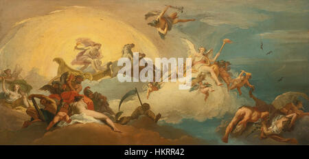 "Aurora con Apollo alla guida del carro del Sole" di Costantino Cedini raffigura il mito classico del viaggio di Apollo attraverso il cielo in un carro trainato da cavalli ardenti. Il dipinto rappresenta una miscela di temi mitologici e lo stile barocco, catturando movimenti dinamici e luci drammatiche. Foto Stock