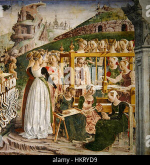 Questa opera, "Trionfo di Minerva", è attribuita a del Cossa e rappresenta la vittoria della dea Minerva. Il pezzo mette in risalto gli intricati ricami e i raffinati dettagli della mitologia classica. Foto Stock