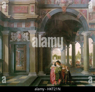 Questo dipinto di Dirck van Delen, intitolato "cortile del palazzo con figure", raffigura una scena architettonica raffinata e dettagliata. L'opera mostra l'arte barocca olandese del XVII secolo, con figure in un grande palazzo. Foto Stock