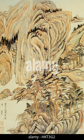 I "paesaggi alla maniera dei vecchi Maestri" di Dong Qichang (1621-24) attingono alle tradizioni di Wang Wei, uno dei pittori di paesaggi più venerati della Cina. L'opera riflette la maestria di Qichang nella spazzolatura e il suo impegno con l'arte paesaggistica cinese classica. Foto Stock