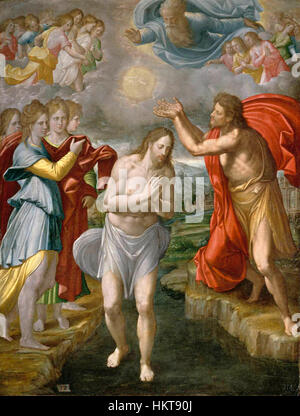 "El Bautismo de Cristo" di Navarrete el Mudo è un dipinto religioso che raffigura il battesimo di Cristo. Le opere d'arte riflettono lo stile rinascimentale spagnolo, con la sua tavolozza di colori vibranti e l'attenzione ai temi biblici. Foto Stock