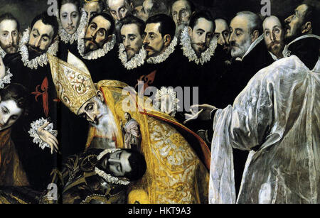 Questo dettaglio dell'iconica "la sepoltura del conte di Orgaz" (1586) di El Greco si concentra sul drammatico contrasto tra il regno divino e quello terreno. Le opere d'arte evidenziano lo stile distintivo di El Greco, mescolando influenze bizantine con l'emergente approccio barocco. Foto Stock