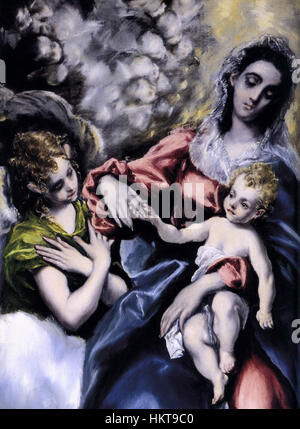"La Vergine col bambino con Santa Martina e Sant'Agnese" di El Greco presenta una scena religiosa dai colori vivaci e dalle figure allungate, tipica del suo stile manierista. La dettagliata raffigurazione dei santi e della Vergine enfatizza la sua padronanza dell'iconografia religiosa. Foto Stock