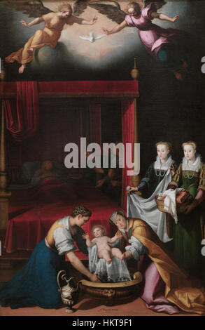 "El nacimiento de la Virgen" di Juan Pantoja de la Cruz è un dipinto religioso che raffigura la natività della Vergine Maria. L'opera mostra la maestria di Pantoja nella ritrattistica, concentrandosi sulla natura serena e divina della scena. Lo stile è emblematico dell'arte barocca spagnola, con colori ricchi ed espressioni emotive. Foto Stock