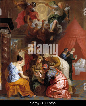 "El Nacimiento de la Virgen" di Erasmo Quellino II è un dipinto barocco che raffigura la nascita della Vergine Maria. Dipinta tra il 1650 e il 1660, l'opera enfatizza la grandezza dei temi religiosi attraverso colori vividi, luci drammatiche e composizione dinamica. Foto Stock