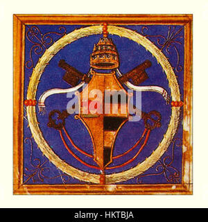 "Escudo Pontificio de Alejandro vi" è uno storico stemma papale che rappresenta Papa Alessandro vi. L'emblema è un simbolo della sua autorità e del papato durante il periodo rinascimentale. Il disegno presenta elementi tradizionali delle insegne papali, mettendo in evidenza il potere politico e religioso del papa. Foto Stock