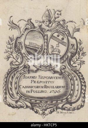 Questo disegno ex-libris è di Augustinerchorherrenstift, un monastero agostiniano a Polling, in Germania. L'opera d'arte è stata creata come parte di una tradizione di arte da libreria, raffigurando il significato del monastero nella vita religiosa e culturale attraverso intricati dettagli e simbolismo. Foto Stock