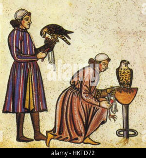 Libro di falconeria di Federico II 1240s dettaglio falconieri Foto Stock