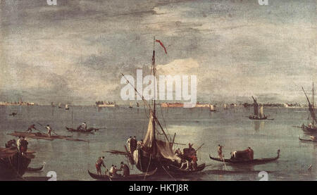 "La laguna con barche, gondole e zattere" di Francesco guardi cattura una vivace scena veneziana, che mostra la vivace laguna con barche e gondole. Questo dipinto ad olio del XVIII secolo riflette la maestria di guardi nel catturare il movimento e la luce dei corsi d'acqua di Venezia. Foto Stock