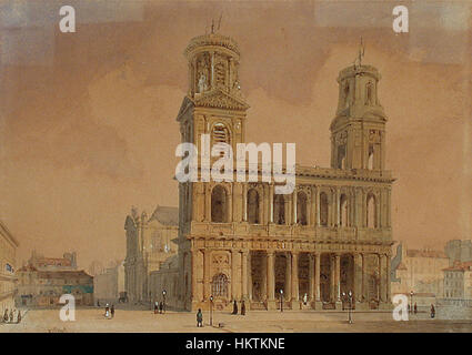 "St Sulpice Paris" di Francois-Etienne Villeret è un esempio impressionante di pittura architettonica, che cattura la grandezza della chiesa di St. Sulpice a Parigi. Il pezzo sottolinea il design classico della chiesa, una delle più grandi e famose di Parigi. L'opera mette in risalto la bellezza architettonica e il significato storico di questo punto di riferimento nella storia dell'arte francese. Foto Stock