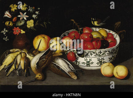 Franz Godin - una coppia di nature morte con fiori, uccelli e frutta (2) Foto Stock