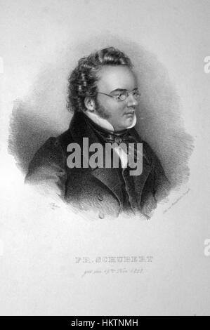 Questa litografia di Franz Schubert, creata da Teltscher, cattura le somiglianze del famoso compositore austriaco. L'opera è un importante ritratto storico che riflette l'impatto di Schubert sulla musica classica e sulla storia culturale europea. Foto Stock