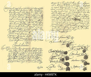 Il dipinto di Friede von Sathmar raffigura la firma del trattato di pace nel 1711, che pose fine alla guerra tra la monarchia asburgica e il Regno d'Ungheria. L'evento storico è un momento significativo della diplomazia europea del XVIII secolo. Foto Stock