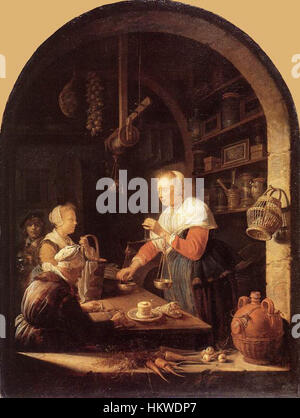 Questo dipinto ad olio del XVII secolo di Gerard Dou raffigura una scena dettagliata e realistica all'interno di un negozio di alimentari, evidenziando la vita quotidiana nel secolo d'oro olandese. L'opera è nota per la sua intricata rappresentazione di texture e illuminazione, catturando i vari beni del negozio e le figure impegnate nel commercio. Il pezzo è ospitato in un museo e rappresenta l'alto livello di artigianalità caratteristico del lavoro di Dou. Foto Stock