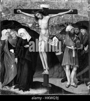 Questa pala d'altare tedesca raffigura la Crocifissione di Cristo, un evento chiave nella teologia cristiana. Creata nel XV secolo, l'opera ritrae l'intensa emozione e il dramma del sacrificio di Cristo, esemplificando l'arte delle pale d'altare religiose. Foto Stock