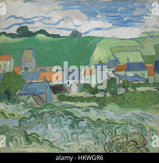 Questo dipinto di Vincent van Gogh intitolato "Gezicht op Auvers" (Vista di Auvers) raffigura il paesaggio di Auvers-sur-Oise, mostrando le caratteristiche pennellate e l'uso vivido dei colori di Van Gogh, ora ospitato nel Museo di Van Gogh. Foto Stock