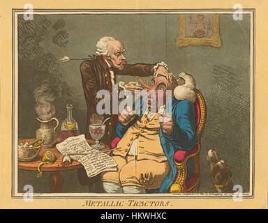 L'incisione satirica di James Gillray "Treatment with Tractors" critica umoristicamente l'uso della tecnologia in medicina. Come uno dei più importanti caricaturisti del suo tempo, il lavoro di Gillray mescola il commento sociale con l'umorismo, riflettendo sulle pratiche mediche della sua epoca. Foto Stock
