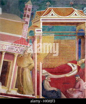 Un affresco di Giotto della serie la leggenda di San Francesco, raffigurante il sogno di Innocenzo III. Questa scena ritrae il sogno di Papa Innocenzo III di San Francesco di ricevere una chiamata divina. Foto Stock