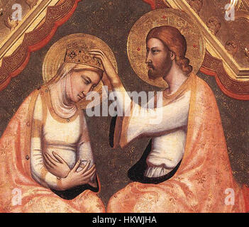 Questo particolare del *Polittico Baroncelli* di Giotto di Bondone raffigura una scena religiosa, che mostra la maestria dell'artista nella pittura ad affresco. Il polittico è stato creato all'inizio del XIV secolo ed è noto per i suoi colori vivaci e la dettagliata rappresentazione di figure sacre. Foto Stock