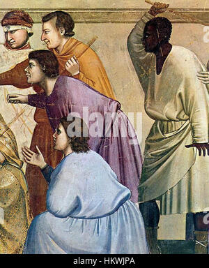 Questo dettaglio del dipinto di Giotto di Bondone "la Flagellazione" raffigura la sofferenza di Cristo come parte della narrazione più ampia della serie "Scene dalla vita di Cristo", che illustra la maestria dell'artista nell'emozione e nel realismo. Foto Stock