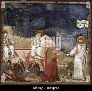 Il dipinto di Giotto di Bondone "Noli me tangere" della sua serie "Scene dalla vita di Cristo" cattura il momento della risurrezione di Cristo. L'opera illustra la scena biblica con emozione dettagliata e maestria artistica del primo Rinascimento. Foto Stock