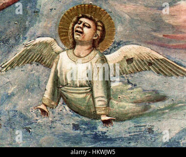 Questo dettaglio tratto dalle "Scene dalla vita di Cristo" di Giotto di Bondone si concentra sul Lamentazione, raffigurante i seguaci di Cristo che piangono la sua morte. Il dipinto è noto per la sua intensità emotiva e la rappresentazione realistica del dolore. Foto Stock