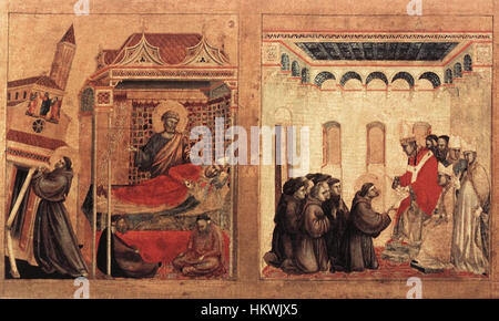 Una sezione dettagliata della "stigmatizzazione di San Francesco" di Giotto di Bondone, un dipinto del primo Rinascimento che mostra il momento in cui San Francesco riceve le stigmate. L'immagine cattura lo stile distintivo di Giotto di profondità religiosa ed emotiva. Foto Stock