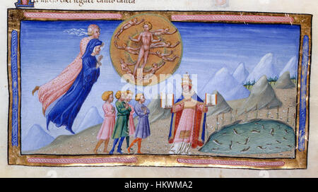 Il dipinto di Giovanni di Paolo "Paradiso 10: Dante e Beatrice" raffigura una scena serena ed eterea della Divina Commedia di Dante. L'opera d'arte cattura il momento in cui Dante e Beatrice ascendono al Paradiso, mostrando la caratteristica attenzione ai dettagli e la composizione eterea di Giovanni. Foto Stock