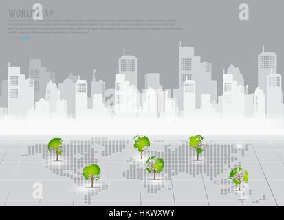 Green Economy concetto : a forma di albero mappa del mondo con la costruzione di sfondo. Illustrazione Vettoriale. Illustrazione Vettoriale