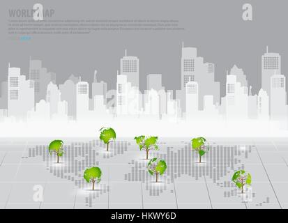 Green Economy concetto : a forma di albero mappa del mondo con la costruzione di sfondo. Illustrazione Vettoriale. Illustrazione Vettoriale