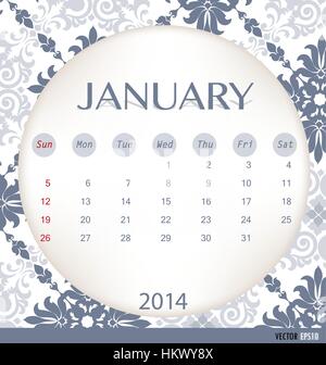 2014 Calendario, vintage modello di calendario per il mese di gennaio. Illustrazione Vettoriale. Illustrazione Vettoriale