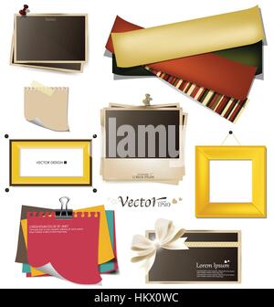 Raccolta di foto d'epoca telai, cornici e carta su uno sfondo bianco. Modello per la progettazione in stile di rottame-bookings. Illustr vettore Illustrazione Vettoriale