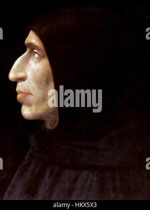 Questo dipinto di Girolamo Savonarola, frate e predicatore domenicano italiano, rappresenta il suo ruolo influente durante il Rinascimento, in particolare il suo coinvolgimento nel falò delle vanità a Firenze. Foto Stock