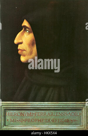 Questo ritratto di fra Bartolommeo raffigura Girolamo Savonarola, un frate domenicano che divenne un controverso leader religioso nella Firenze rinascimentale. Il dipinto riflette l'intensa atmosfera religiosa e politica del tempo. Foto Stock