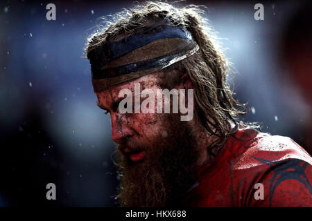 Newcastle Falcons Evan Olmstead durante il Anglo-Welsh Cup match a Rodney Parade, Newport. Foto Stock