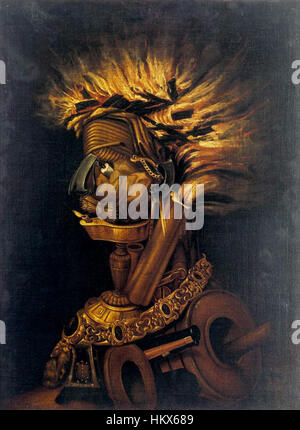 Il «fuoco» di Giuseppe Arcimboldo è un dipinto che fa parte della sua famosa serie di «ritratti elementari» L'opera utilizza creativamente immagini legate al fuoco per rappresentare l'elemento del fuoco attraverso figure umane, uno stile distintivo del lavoro di Arcimboldo. Foto Stock