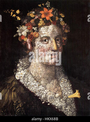 "Flora" di Giuseppe Arcimboldo è un famoso dipinto del XVI secolo che raffigura il volto di una donna interamente formato da fiori. Il pezzo esemplifica lo stile distintivo di Arcimboldo, che utilizza elementi naturali per creare ritratti complessi e surreali che fondono il mondo umano e quello botanico. Foto Stock