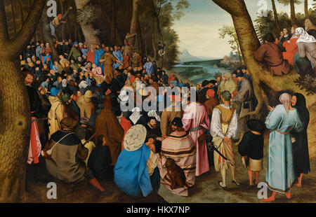 Pieter Brueghel il giovane "San Giovanni Battista che predicava alle masse nel deserto" raffigura la figura biblica di San Giovanni che si rivolge a una grande folla in una vasta natura selvaggia. L'olio sul pannello di quercia riflette la maestria di Brueghel nel ritrarre sia la narrazione religiosa che la condizione umana. Foto Stock