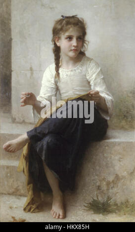 Un famoso dipinto di William-Adolphe Bouguereau, intitolato "cucito", raffigurante una giovane donna al lavoro in modo realistico e finemente dettagliato, caratteristico dell'approccio di Bouguereau al realismo e alla pittura di genere. Foto Stock