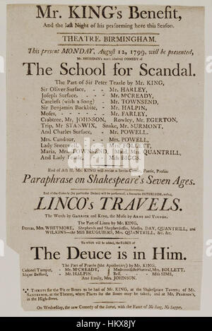 Librerie di Bodleian, cartellone di teatro, Lunedì, Agosto 12, 1799, annunciando la scuola per lo scandalo &c. Foto Stock