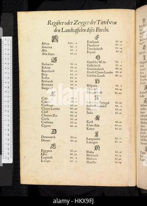 Il "Theatrum orbis terrarum" di Abraham Ortelius, un atlante del primo mondo, include questa illustrazione intitolata "Theatrum oder Schawplatz des erdbodems". Fu una delle prime raccolte sistematiche di mappe, giocando un ruolo cruciale nello sviluppo della cartografia durante il XVI secolo. Foto Stock