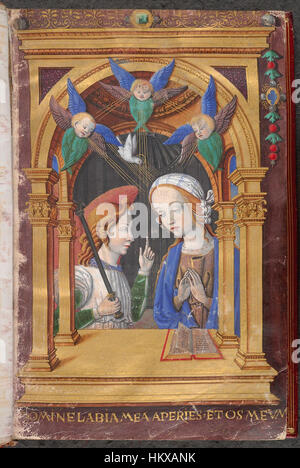 La pagina *Libro delle ore* intitolata *Annunciazione* descrive il momento in cui l'Angelo Gabriele annuncia alla Vergine Maria che avrà il figlio di Dio. Questa scena è un argomento chiave nell'arte devozionale cristiana. Foto Stock