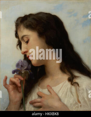 Un dipinto di William-Adolphe Bouguereau intitolato "donna con Iris" del 1895. Presenta un ritratto di una donna che tiene un Iris, incarnando lo stile realistico e l'attenzione ai dettagli di Bouguereau. Foto Stock