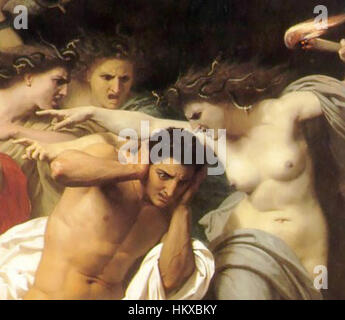 Questo dipinto di William-Adolphe Bouguereau intitolato "Fury" ritrae intense emozioni attraverso la figura di una donna in difficoltà. L'artista usa la sua padronanza del realismo per trasmettere la profondità emotiva del soggetto. Foto Stock