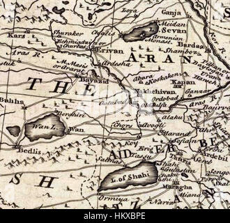 La mappa del 1747 di Emanuel Bowen intitolata "Persia e paesi adiacenti" fornisce una panoramica geografica dettagliata della Persia (Iran moderno) e delle regioni circostanti, mostrando i confini politici e le posizioni chiave del tempo. Foto Stock