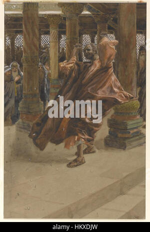 Il dipinto di James Tissot "Judas Returns the Money" raffigura la scena biblica in cui Giuda Iscariota restituisce i trenta pezzi d'argento dopo aver tradito Gesù, catturando l'intensità emotiva del momento. Foto Stock
