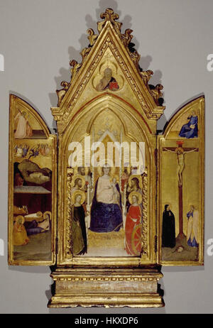 La pala d'altare portatile "Madonna con Santi e Scene della vita di Cristo" di Maso di Banco presenta immagini religiose, raffiguranti la Madonna e scene della vita di Cristo. L'opera è un esempio chiave dell'arte religiosa del Rinascimento italiano. Foto Stock