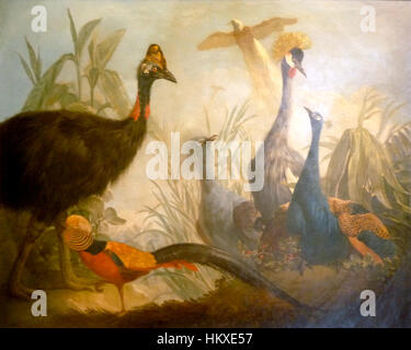 Un dipinto dettagliato di vari uccelli, che mette in risalto le loro caratteristiche distintive e il vivace piumaggio. Questo pezzo riflette l'abilità dell'artista nel catturare la delicata bellezza della vita aviaria. Foto Stock